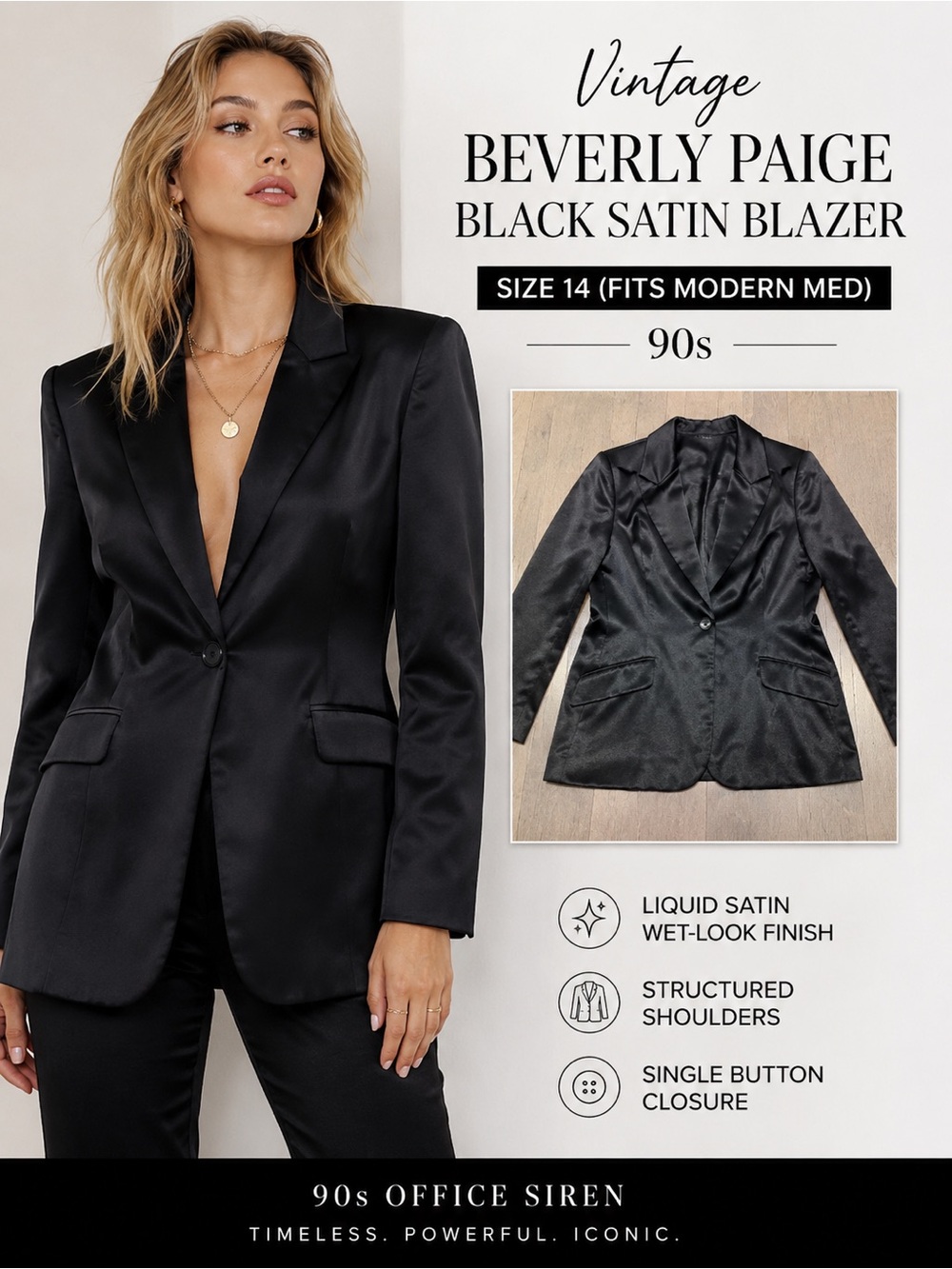 Vintage Beverly Paige Black Satin Blazer Jacket Size 14 (Fits Modern Med) 90s